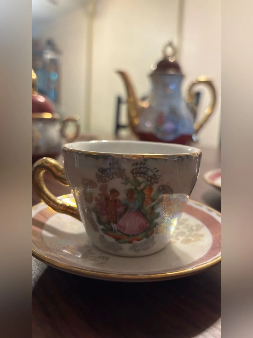 Vintage Lusterware Porcelain Tea Set Courting Couple Gold Trim